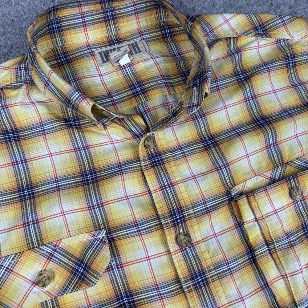 Duluth Trading Shirt Mens Xl Plaid Yellow Short Sleeve Outdoor Fishing Button Up